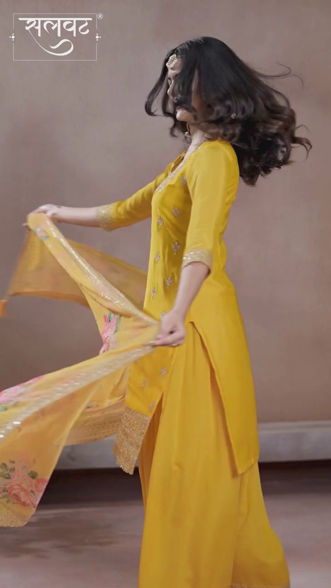 Yellow Butti Floral pattern Sequins Embroidered Sharara Suit Set