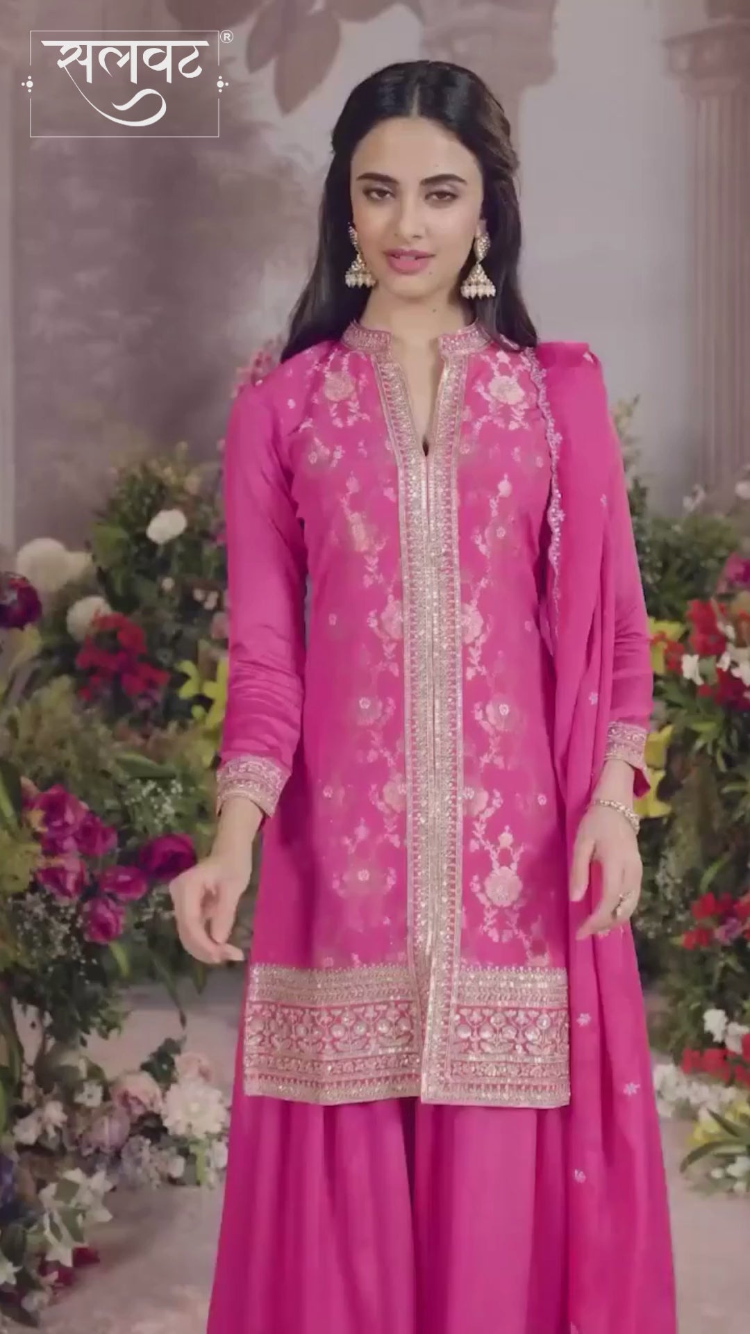 Pink Chinon Kurta Set with Heavy Jacquard Work Paired with Chinon Dupatta with Embroidered Work.