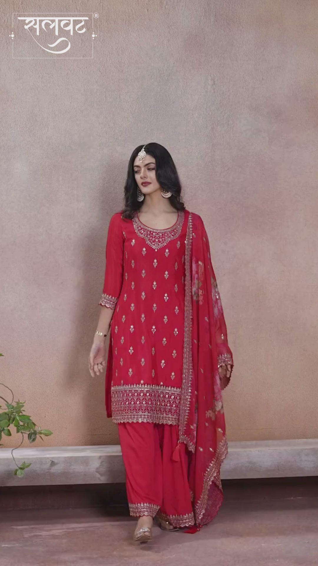 Red Butti Floral pattern Sequins Embroidered Sharara Suit Set