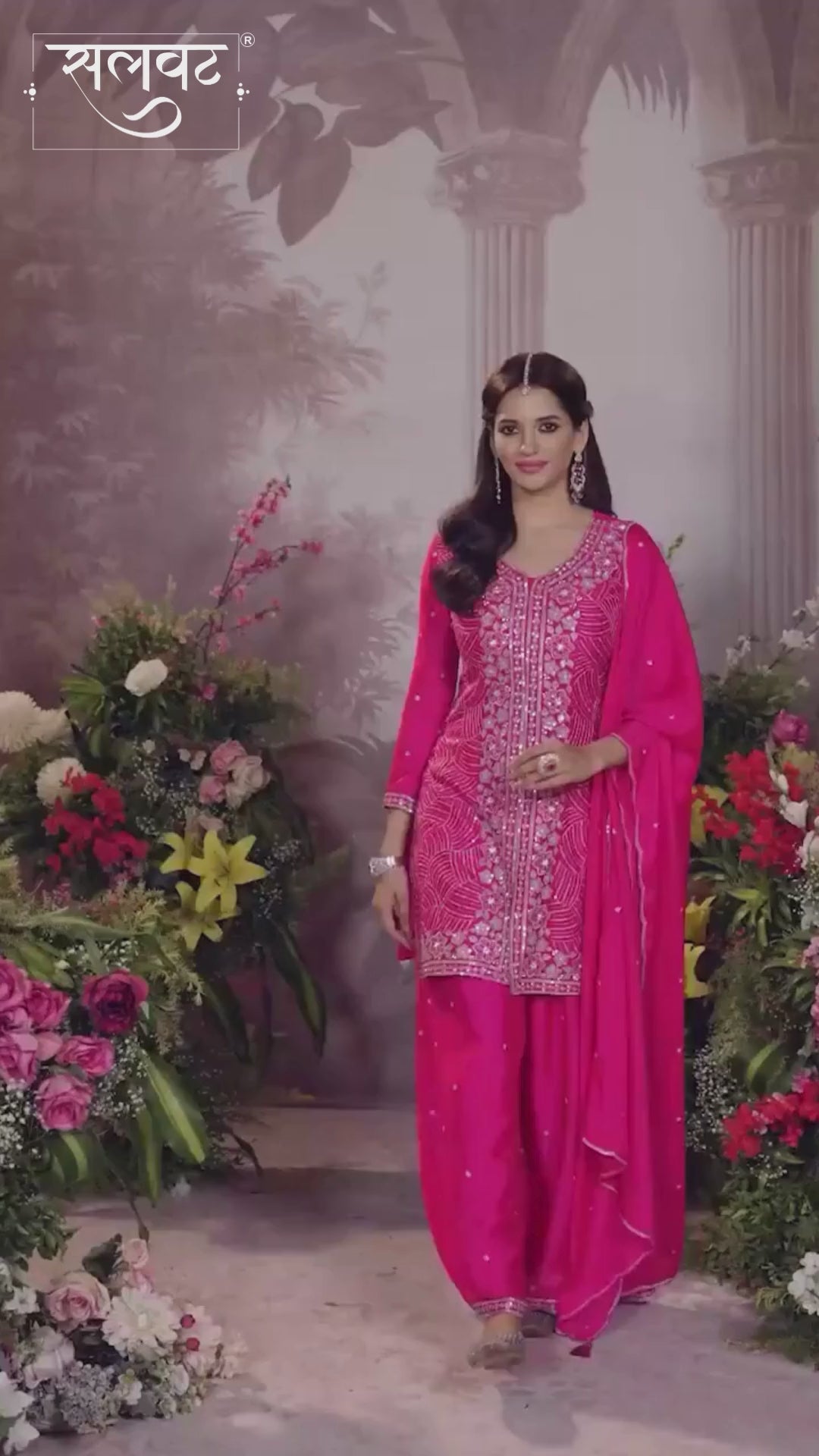 Pink Chinon Embroidered Sharara Suit with Butti Work and Sequins Scalloped Border Dupatta