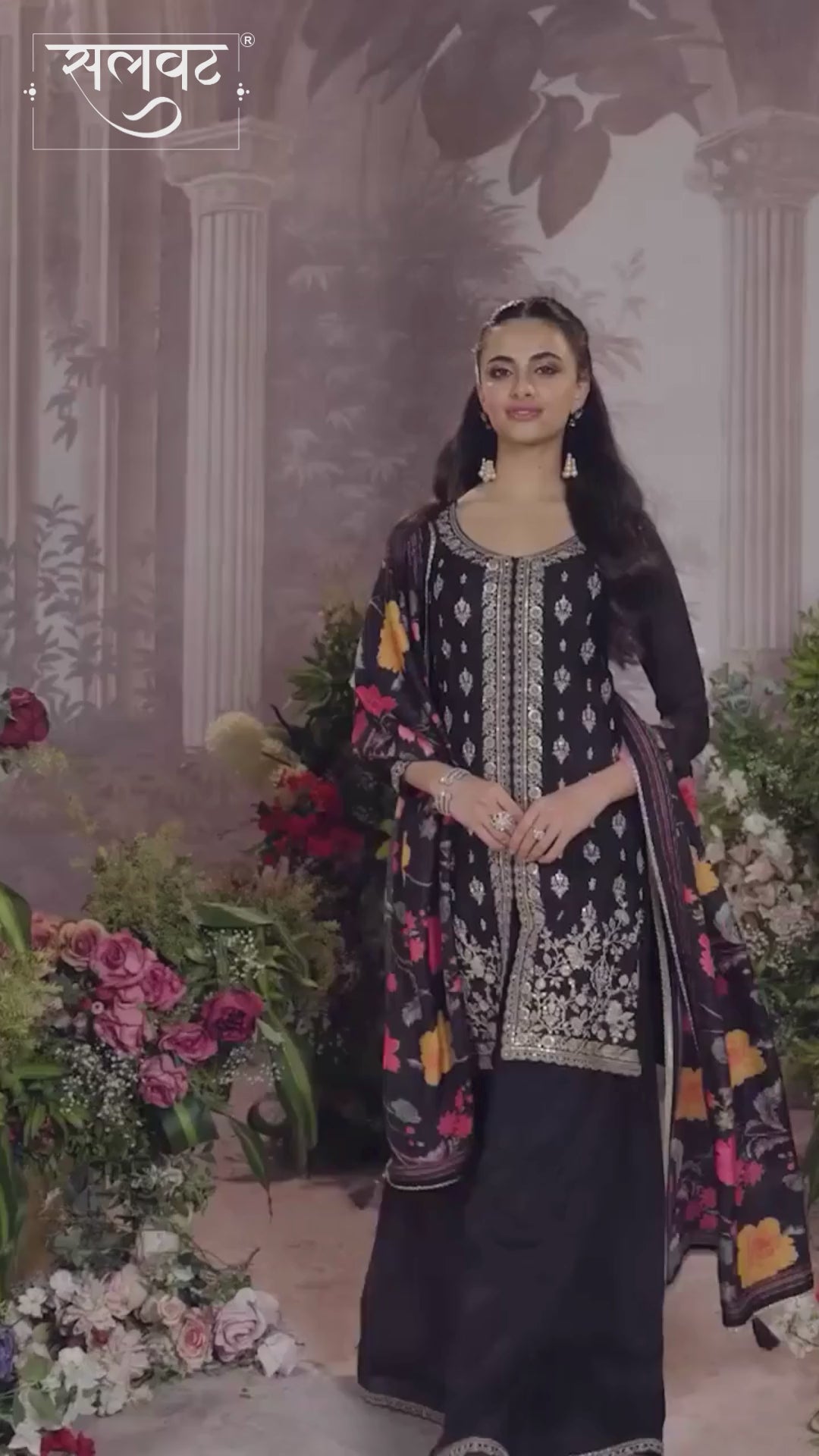 Black Chinon Kurta Set with Embroidered Work Paired with Digital Printed Dola Silk Dupatta