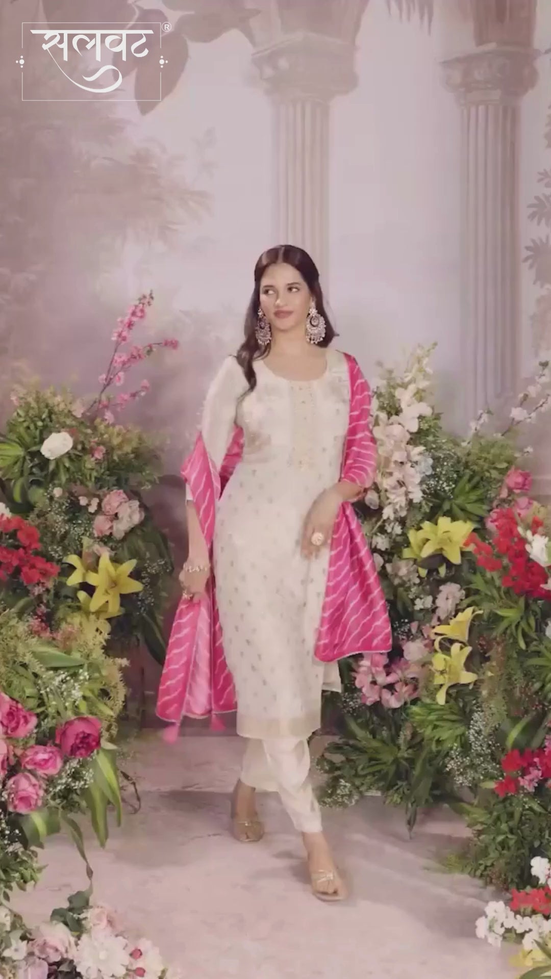 Cream Tissue Jacquard Kurta Set with Pink Contrast Digital Print Dupatta