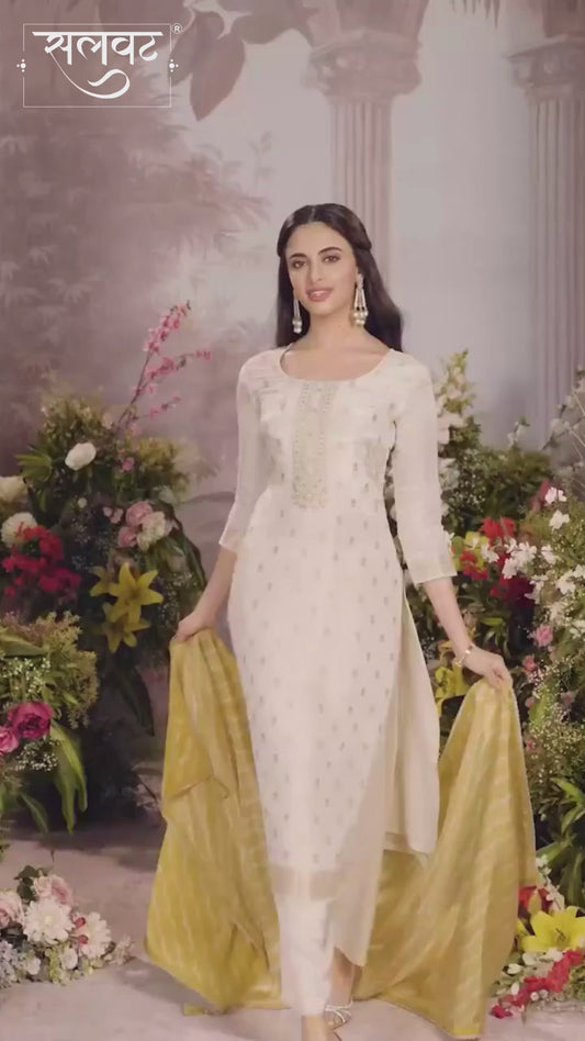 Cream Tissue Jacquard Kurta Set with Yellow Contrast Digital Print Dupatta