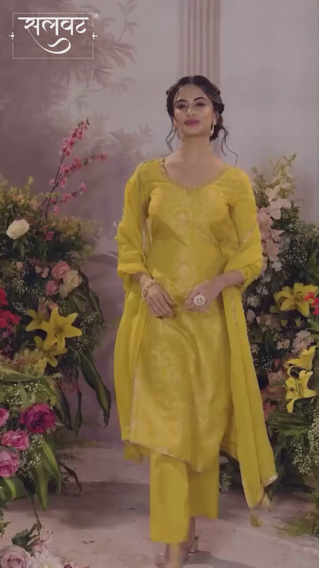 Yellow Chinon Kurta Set with Jacquard and Zari Work, Paired with an Organza Dupatta