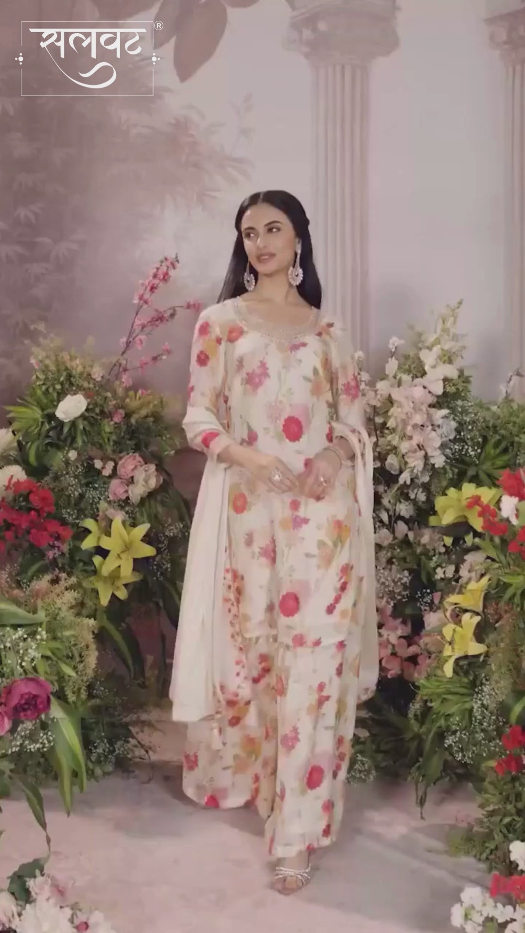 Off-White Chinon Sharara Set with Floral Print and Embroidery