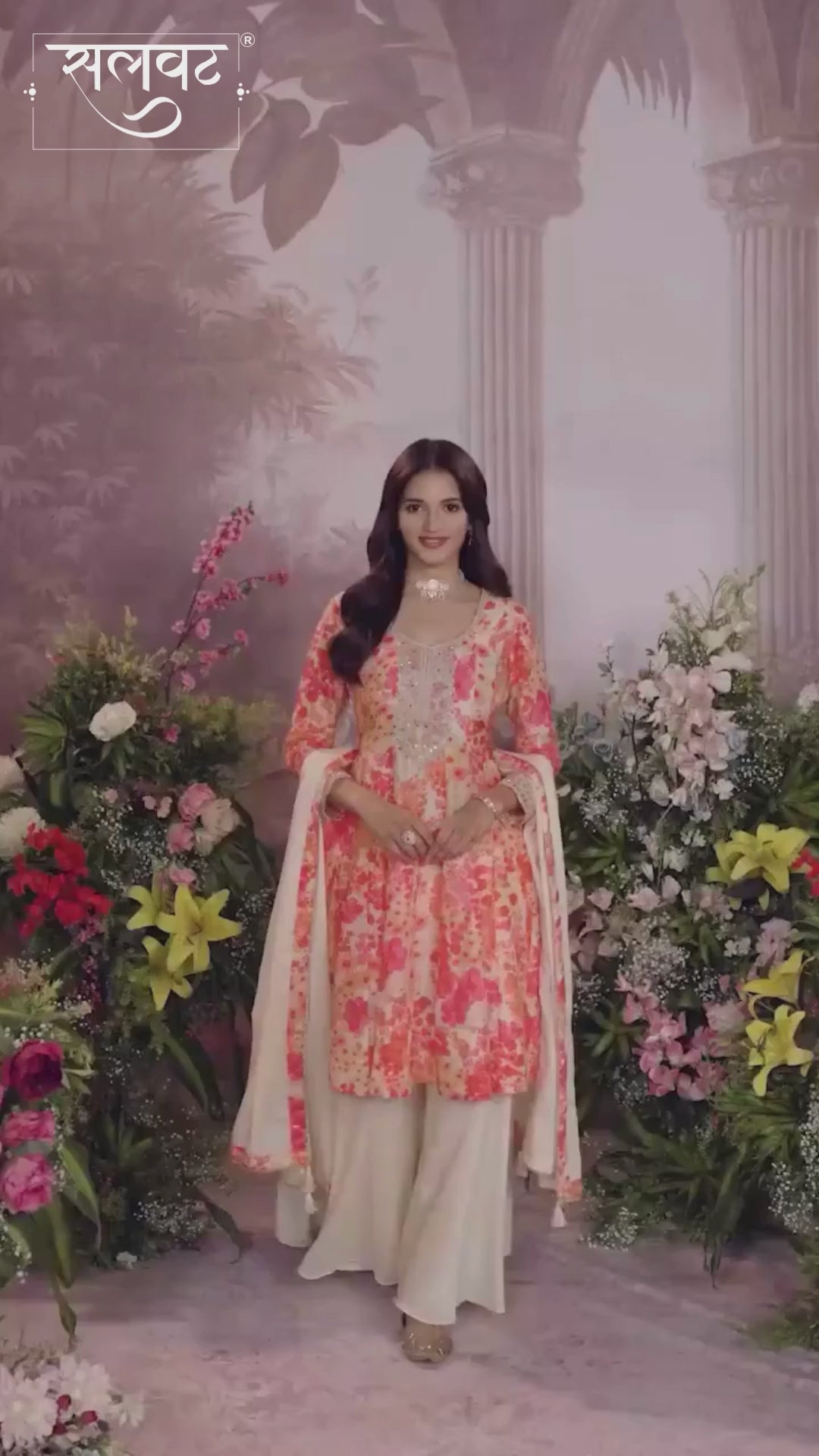 Off-White Russian Silk Mirror Work Sharara Set paired with Chinon Dupatta with Digital Printed Borders