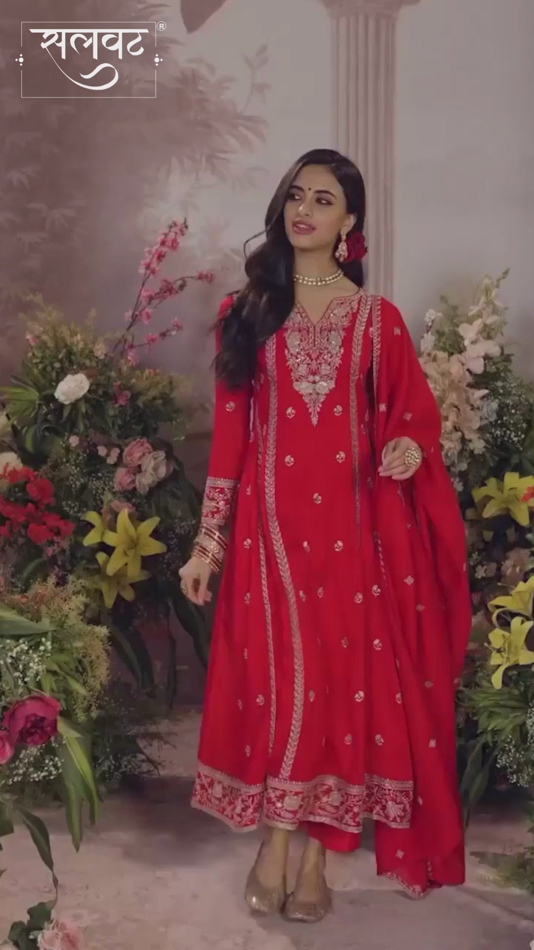 Red Vichitra Silk Kurta Suit Set with Embroidered Work Paired with Vichitra Silk Dupatta with Embroidered Work
