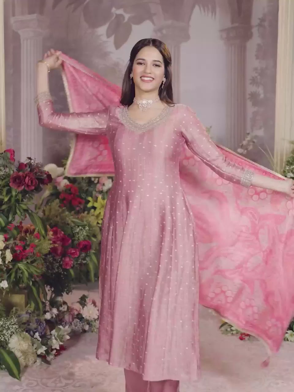 Dusty Rose Tissue Silk Embroidered Anarkali Suit Set with Contrast Digital Print Russian Silk Dupatta