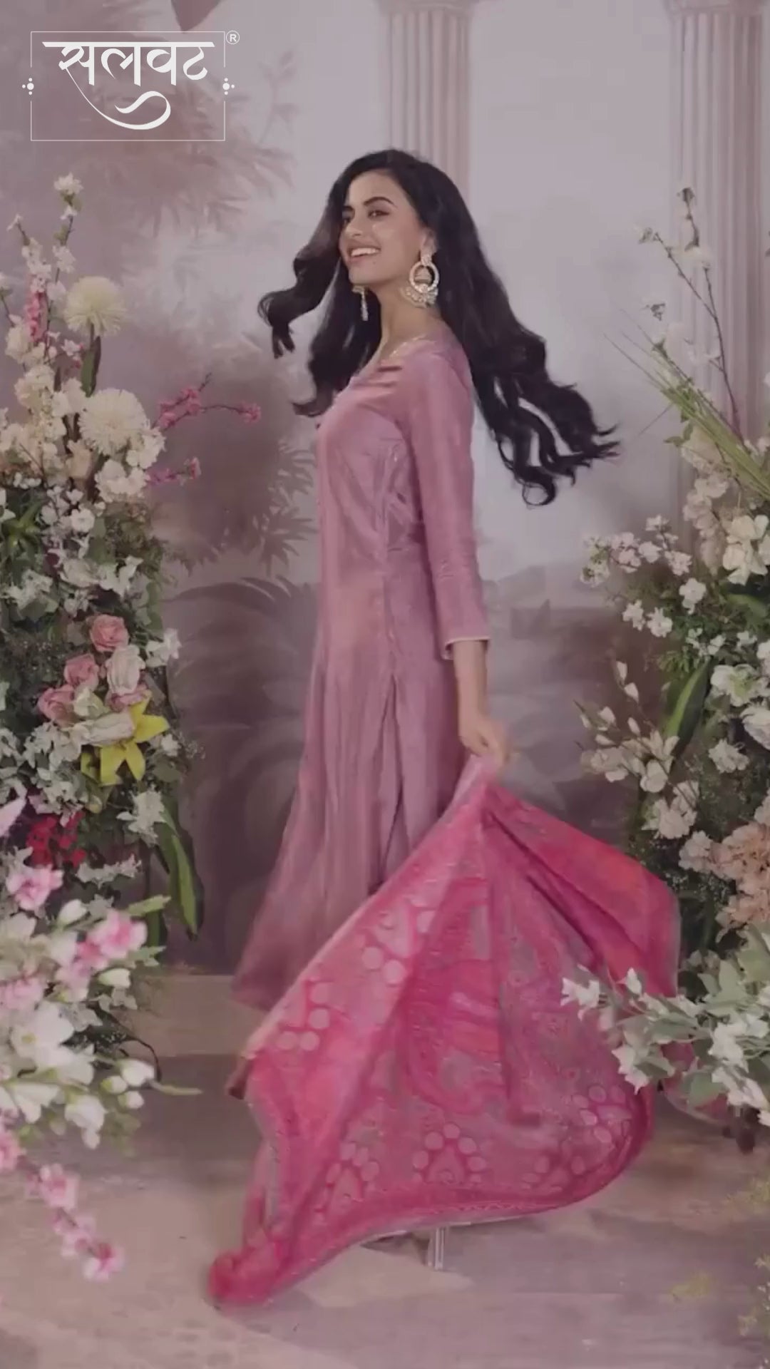 Dusty Rose Russian Silk Kurta With Digital Print Work Paired With Russian Milk Digital Print Contrast Dupatta