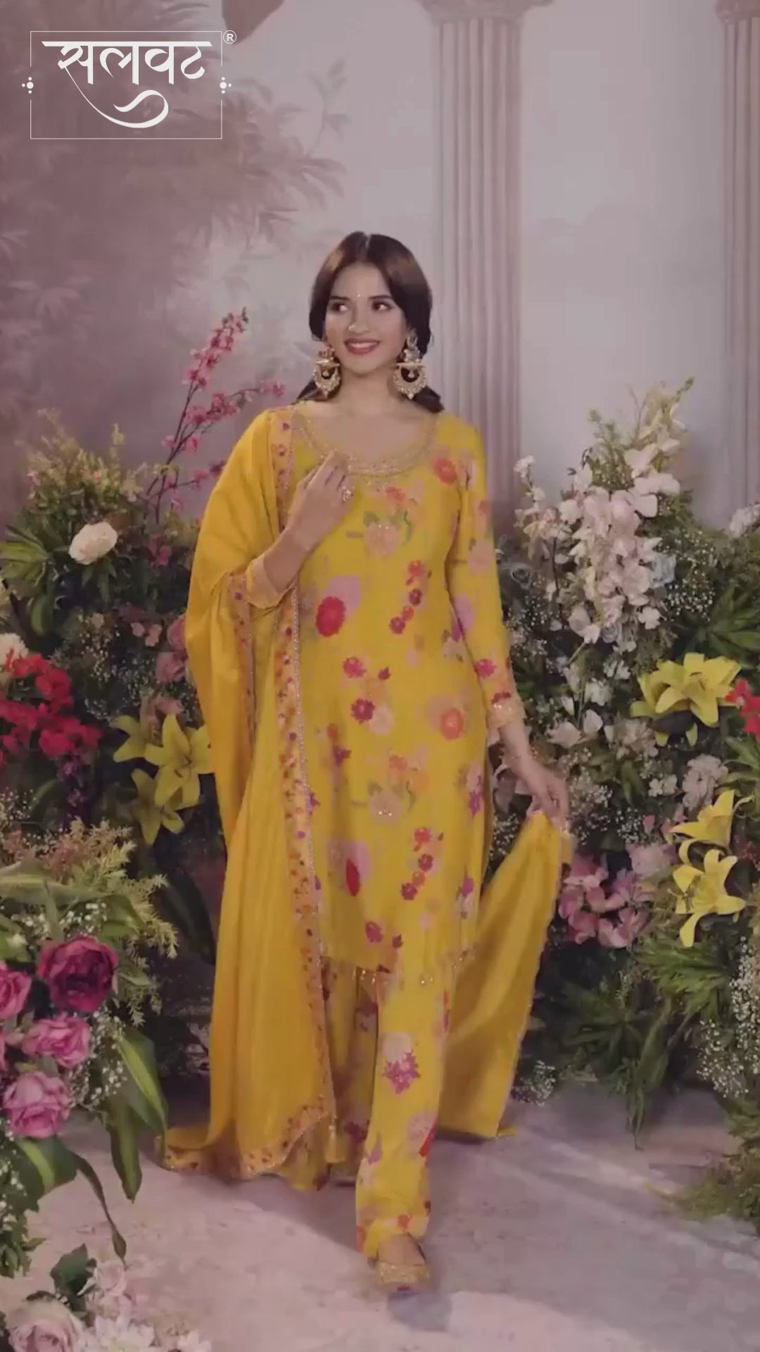 Yellow Chinon Sharara Set with Floral Print and Embroidery