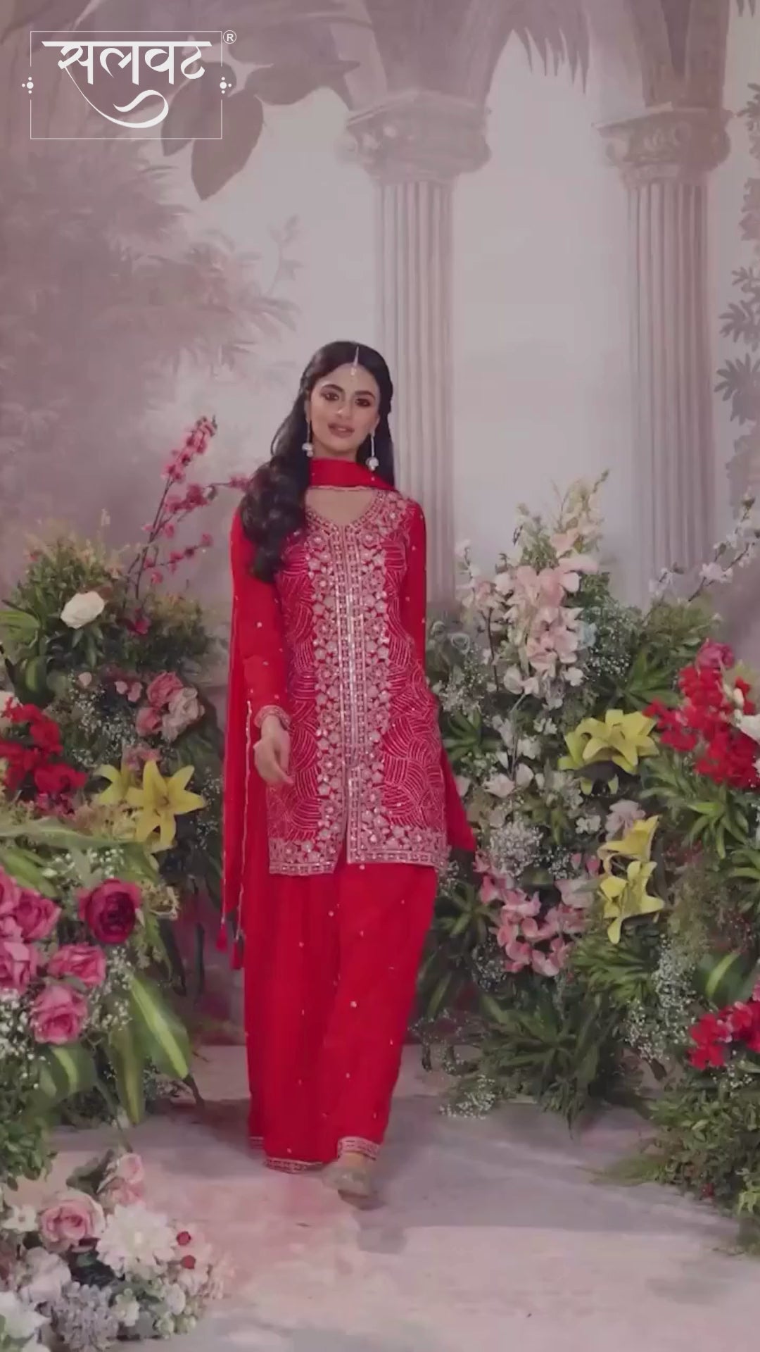 Red Chinon Embroidered Sharara Suit with Butti Work and Sequins Scalloped Border Dupatta