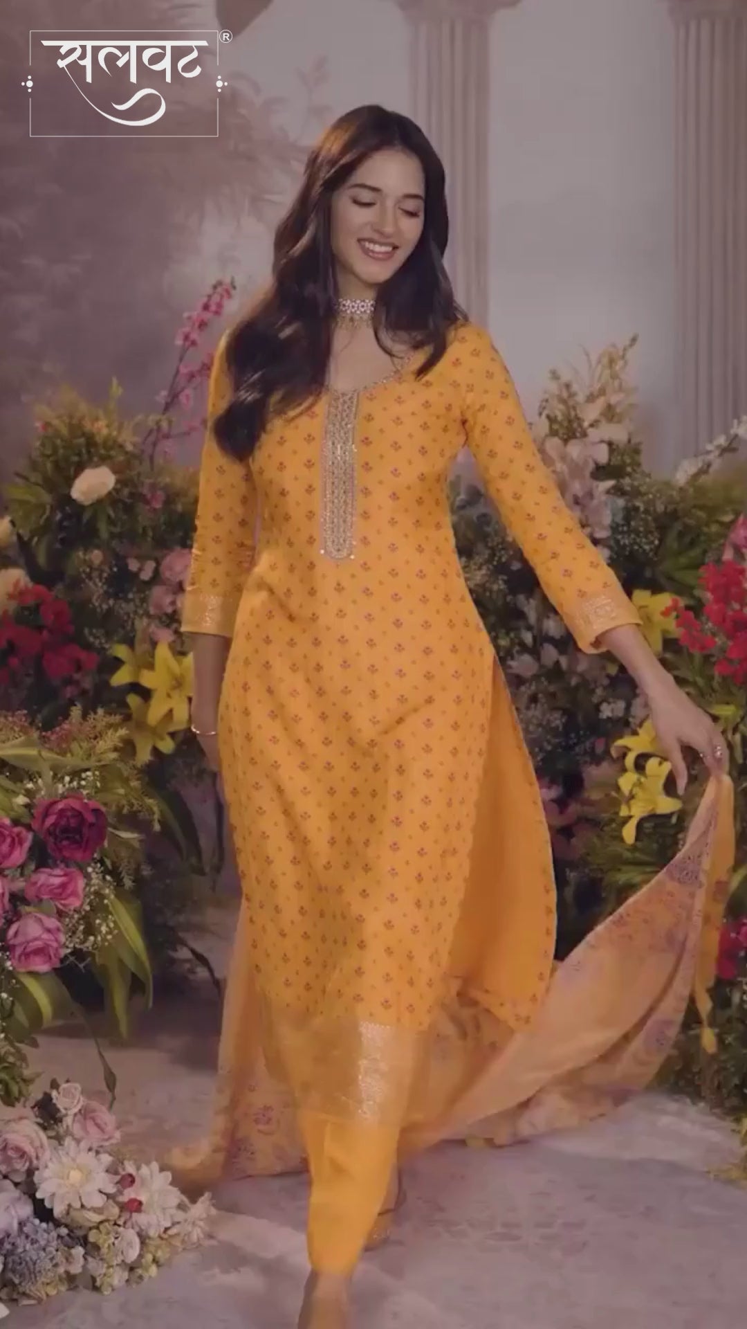 Yellow Russian Silk Kurta Set with Digital Print Work Paired with Russian Silk Digital Printed Duppatta