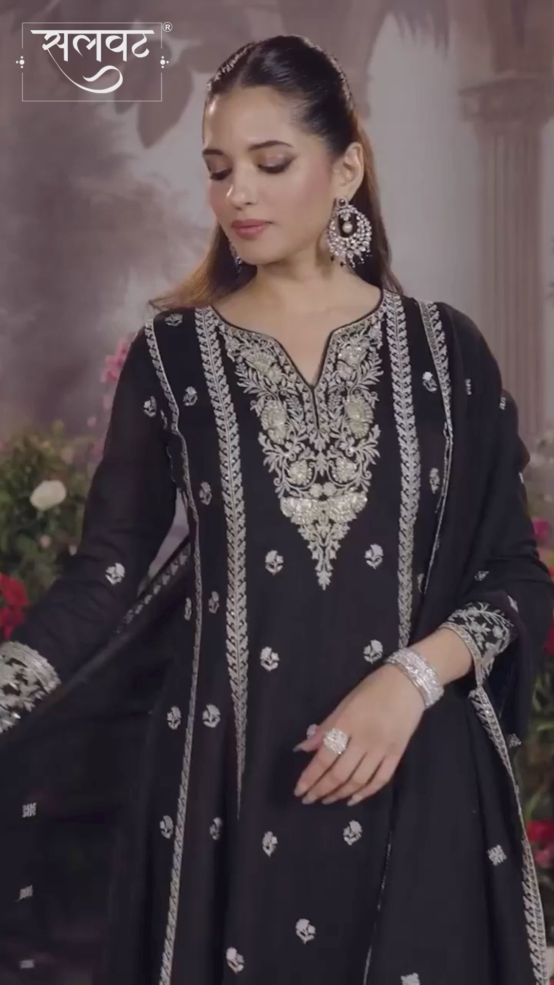 Black Vichitra Silk Kurta Suit Set with Embroidered Work Paired with Vichitra Silk Dupatta with Embroidered Work