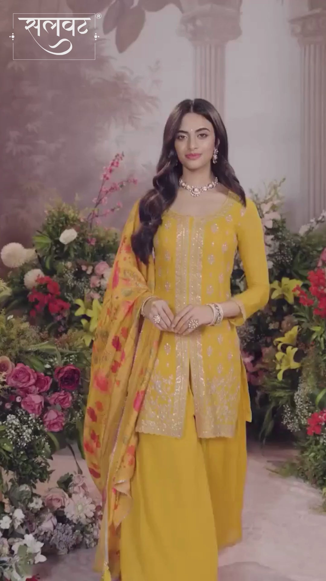 Yellow Russian Silk Kurta With Digital Print Work Paired With Russian Milk Digital Print Contrast Dupatta