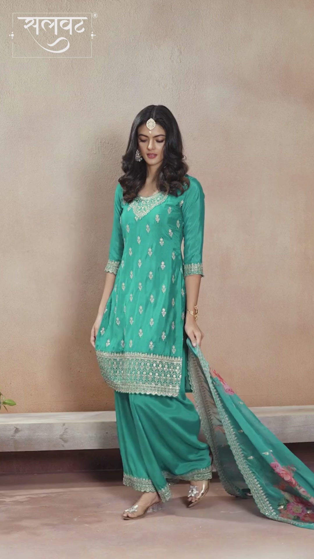 Teal Green Butti Floral pattern Sequins Embroidered Sharara Suit Set