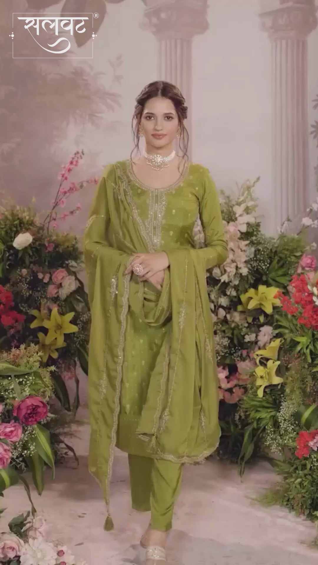 Olive Dola Silk Fabric Kurta with Embroidered & Jacquard Work Paired with Rangoli Fabric Dupatta with Patterned Sequins Work.