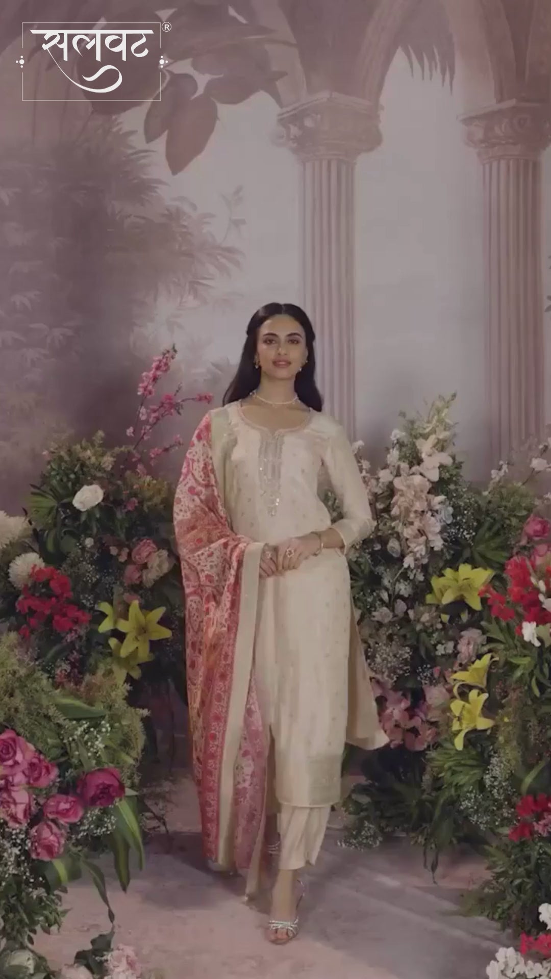 Off-White Dola Silk Kurta Set with Jacquard Detailing and Intricate Embroidery, Paired with a Cherry Silk Dupatta