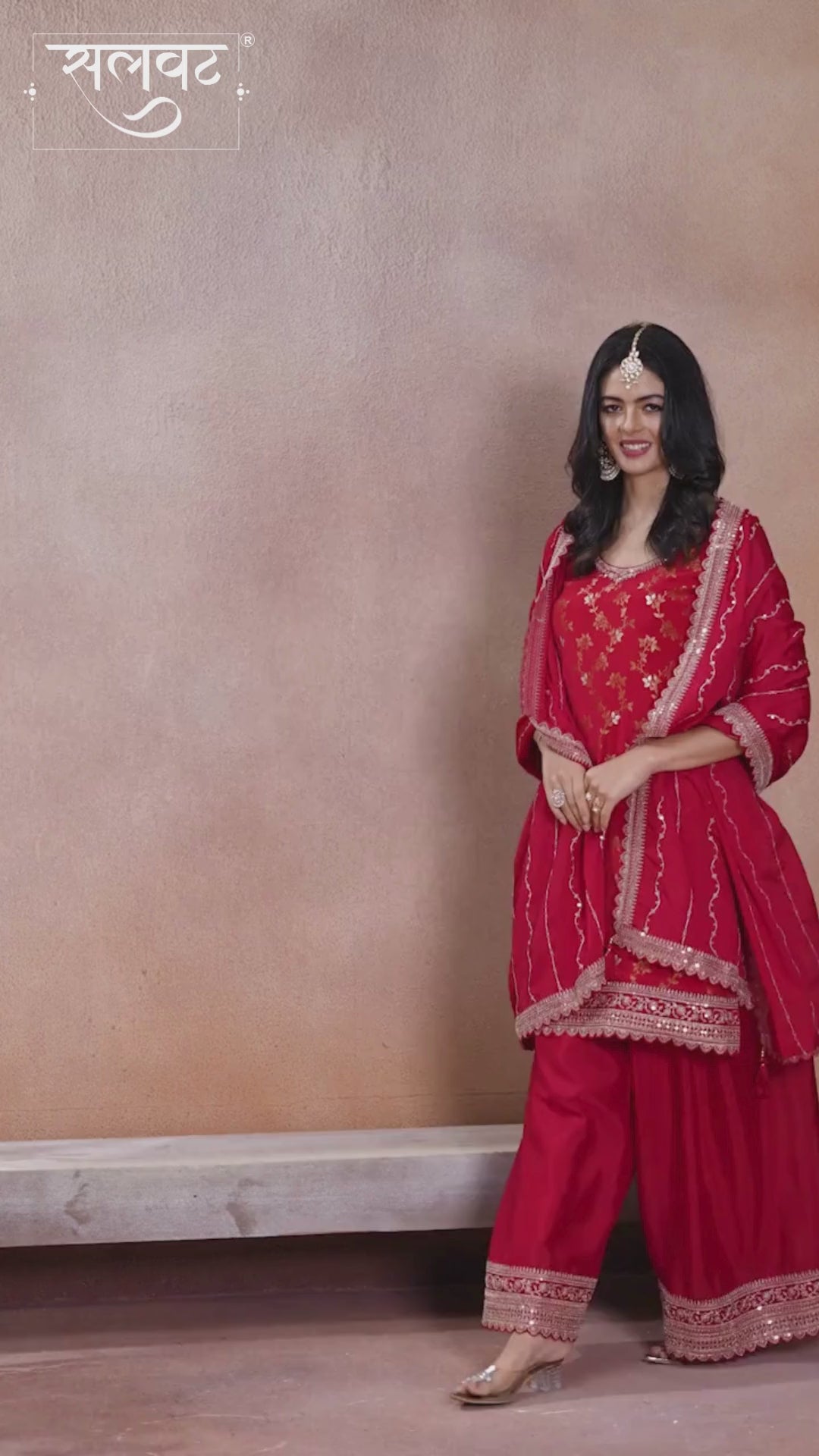 Red Jacquard Embroidery Sharara Suit Set