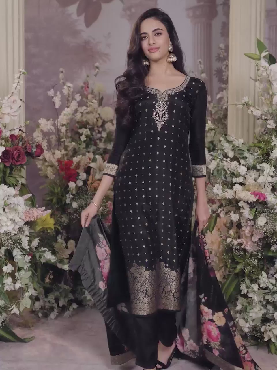 Black Dola Silk Kurta Set with Jacquard Detailing and Intricate Embroidery, Paired with a Cherry Silk Dupatta