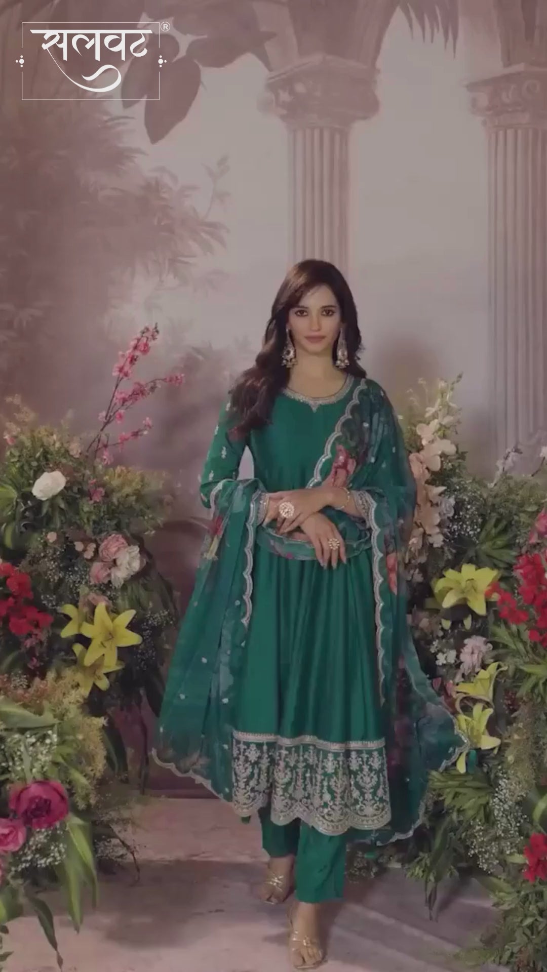 Green Vichitra Silk Embroidered Anarkali Set with Digital Printed Chiffon Dupatta