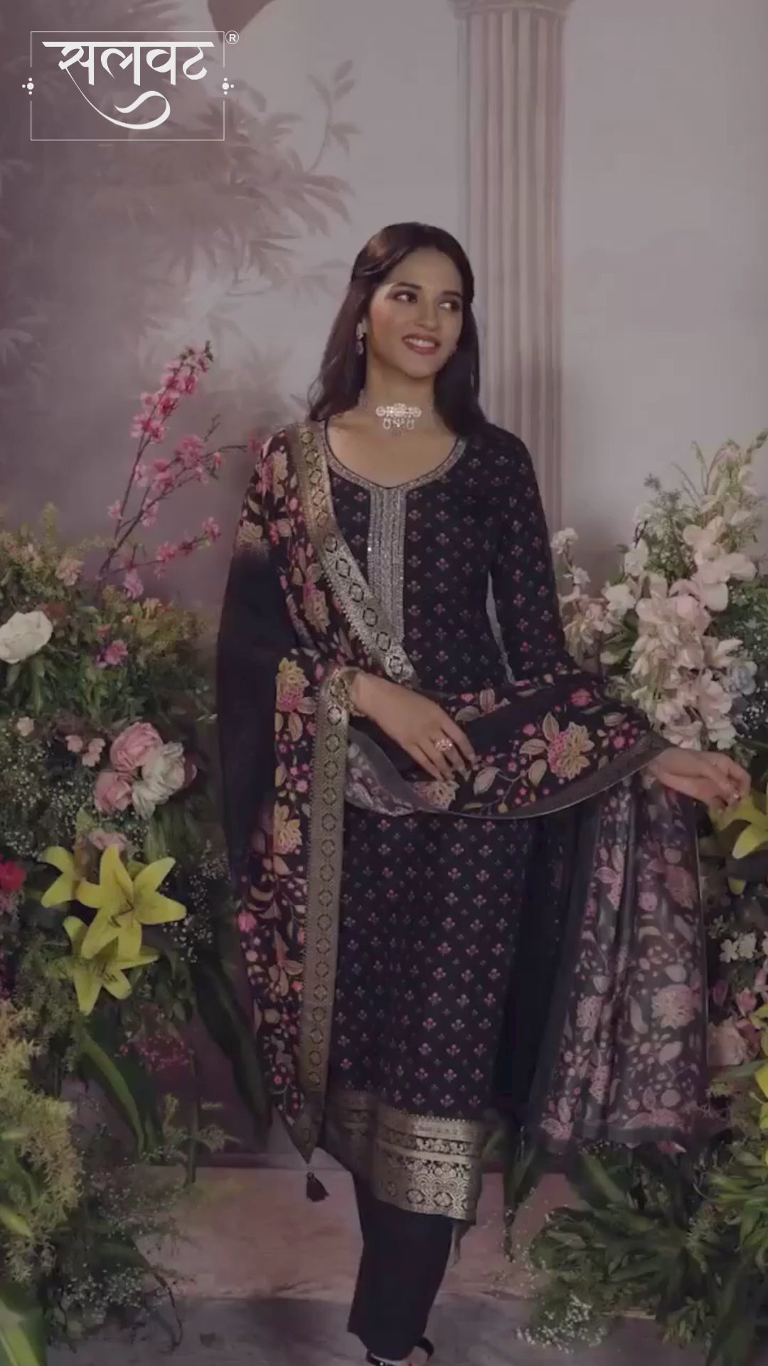 Black Russian Silk Kurta Set with Digital Print Work Paired with Russian Silk Digital Printed Duppatta