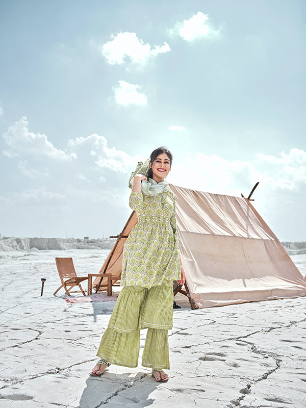 Chartreuse Green Pleated Short Kurta And Sharara Set