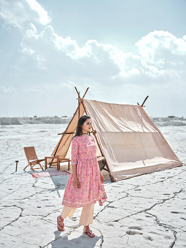 Mauvelous Pink and Golden Yellow Flared Kurta Set