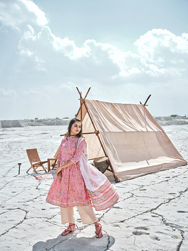 Mauvelous Pink and Golden Yellow Flared Kurta Set