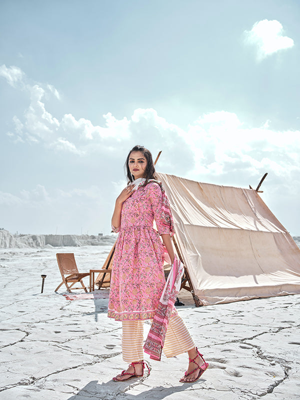 Mauvelous Pink and Golden Yellow Flared Kurta Set