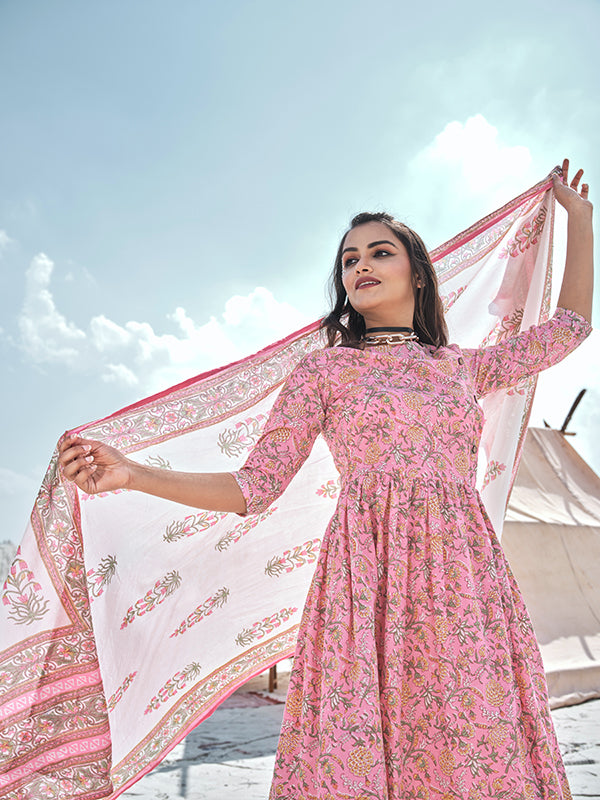 Mauvelous Pink and Golden Yellow Flared Kurta Set