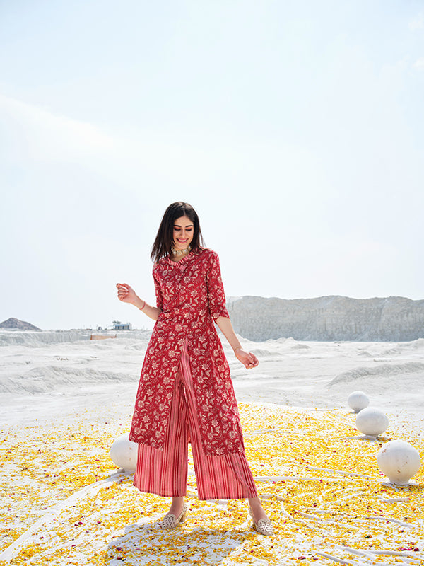 Red Straight Front Slit Kurta Set