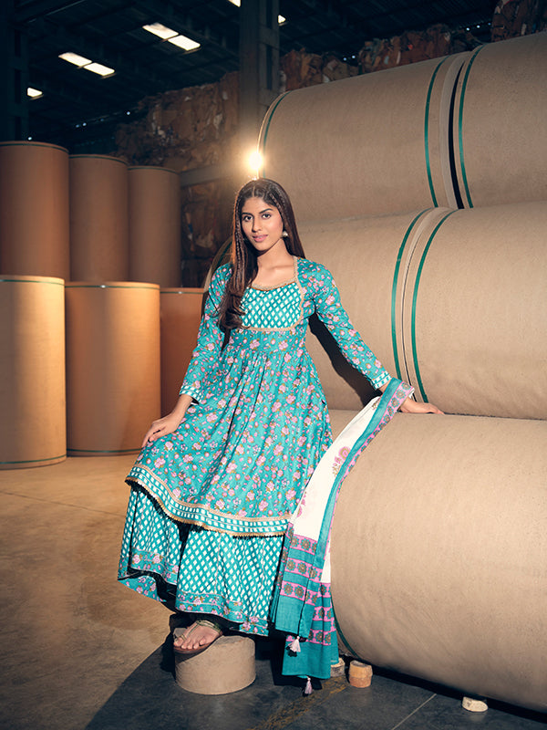 Teal And Light Pink Flared Kurta And Sharara Set - Salwat