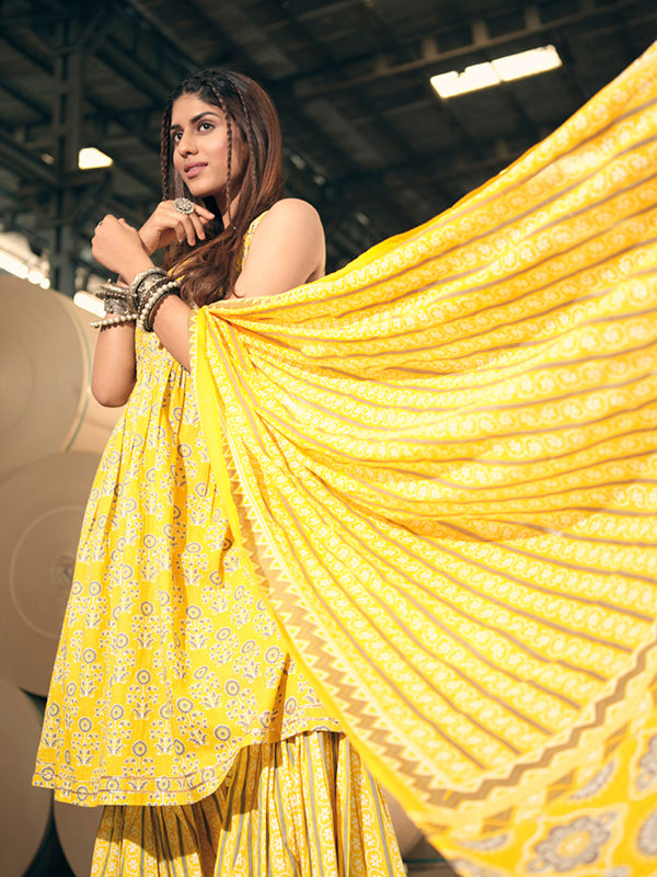 Pineapple Yellow Spaghetti Peplum Sharara Set - Salwat