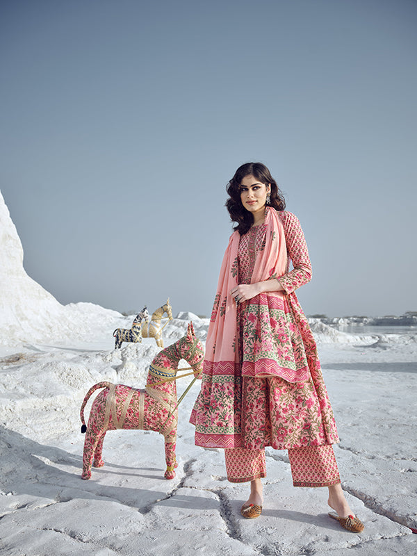 Coral Peach Printed Kurta Set - Salwat