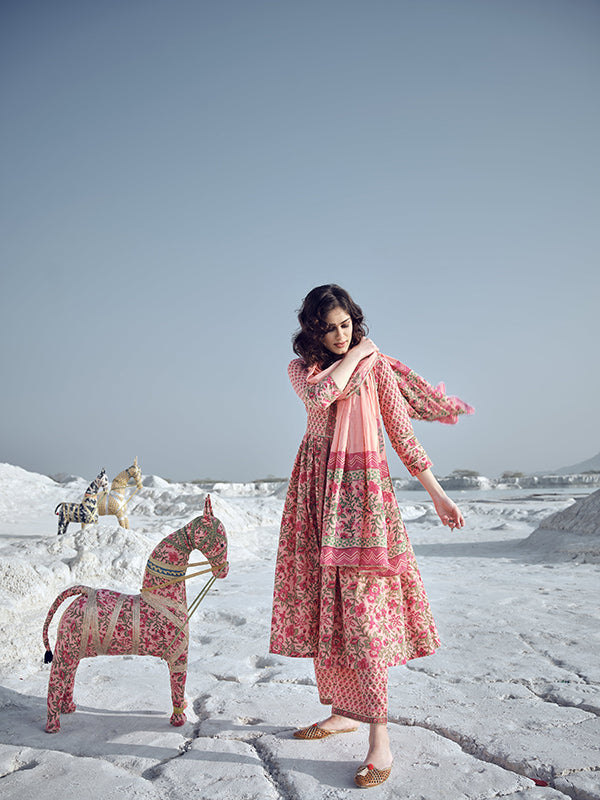 Coral Peach Printed Kurta Set - Salwat