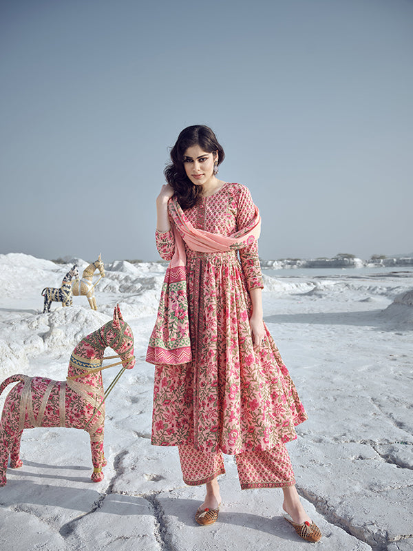 Coral Peach Printed Kurta Set - Salwat