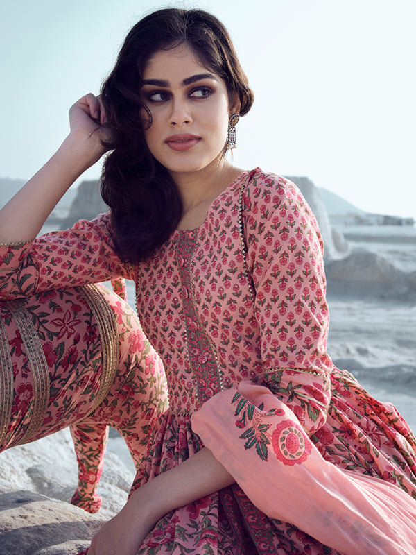 Coral Peach Printed Kurta Set - Salwat